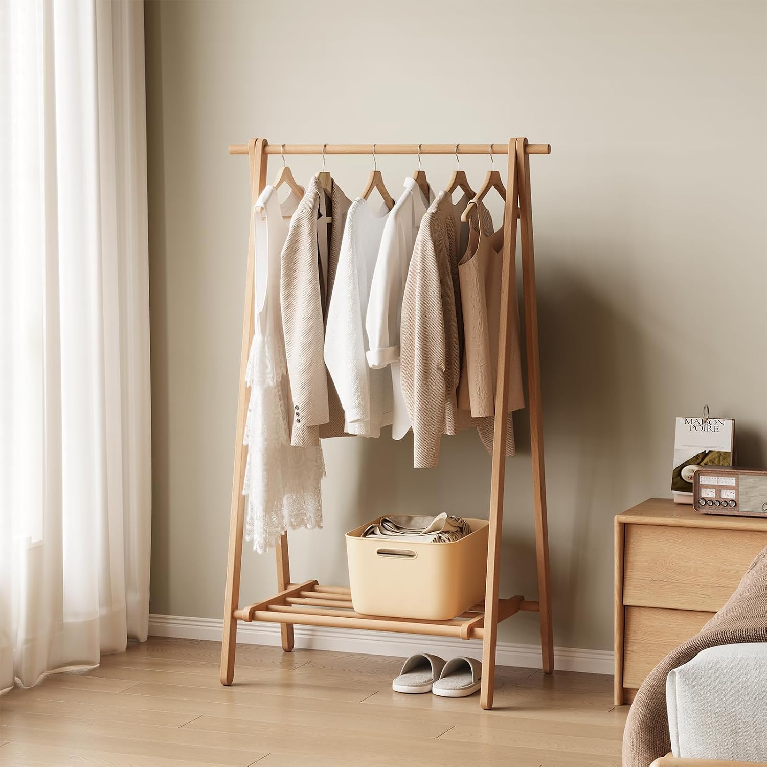 Wood Clothes Rack, Garment Rack with Shelf, Solid Wood Clothing Rack for Entryway, Bedroom, 19.7" x 37.4" x 58.7", Natural