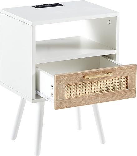 Miniatura 4 de Mesitas de noche con estación de carga, mesita de noche con cajón y estante de almacenamiento, mesa auxiliar para sala de estar, dormitorio, sofá,