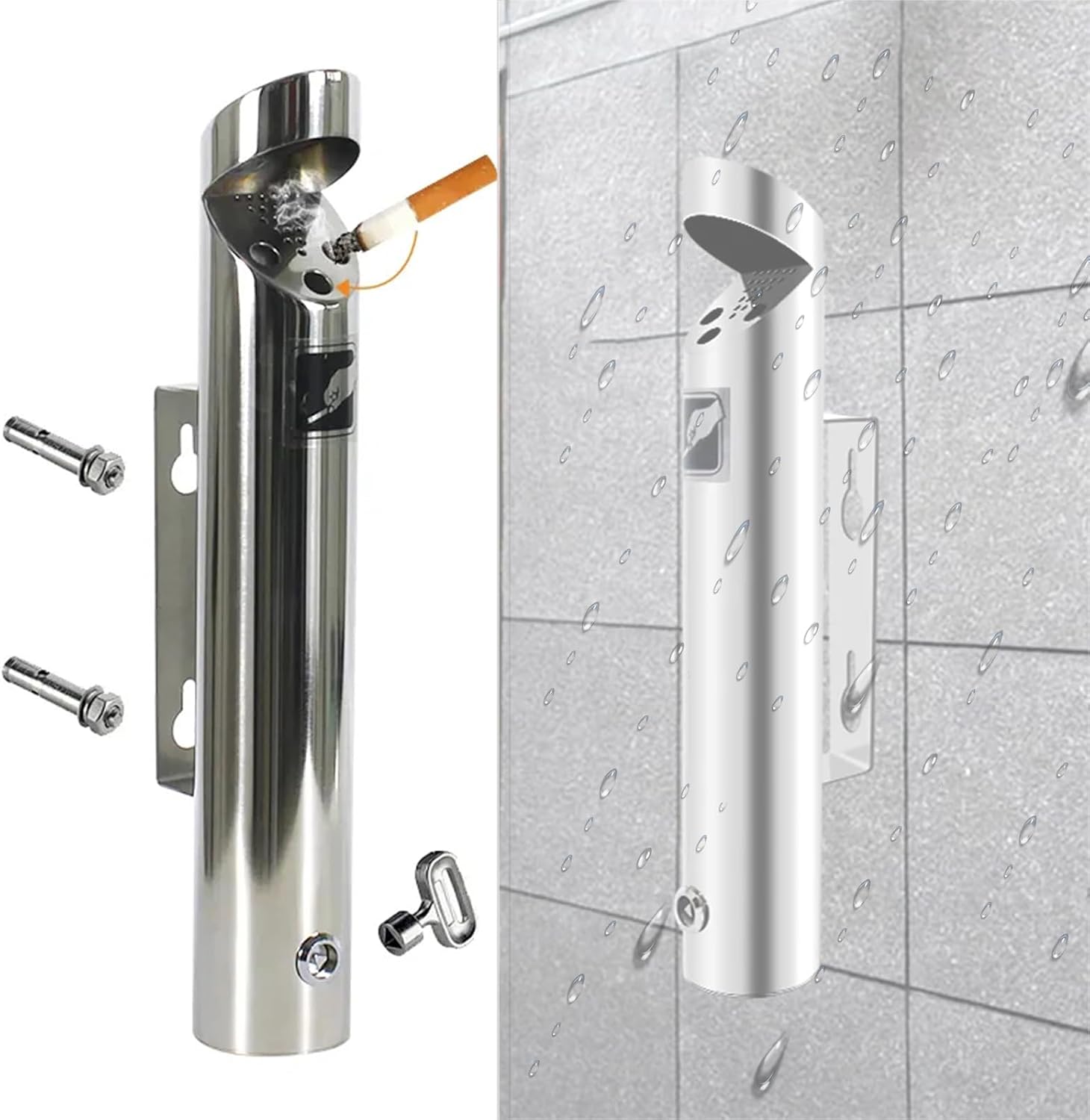 Stainless Steel Outdoor Ashtray-Outdoor Wall Mounted Ashtray, Stainless Steel Patio Cigarette Ash Tray for Easy Cleaning and Installation,（Silver,46x7.5cm）