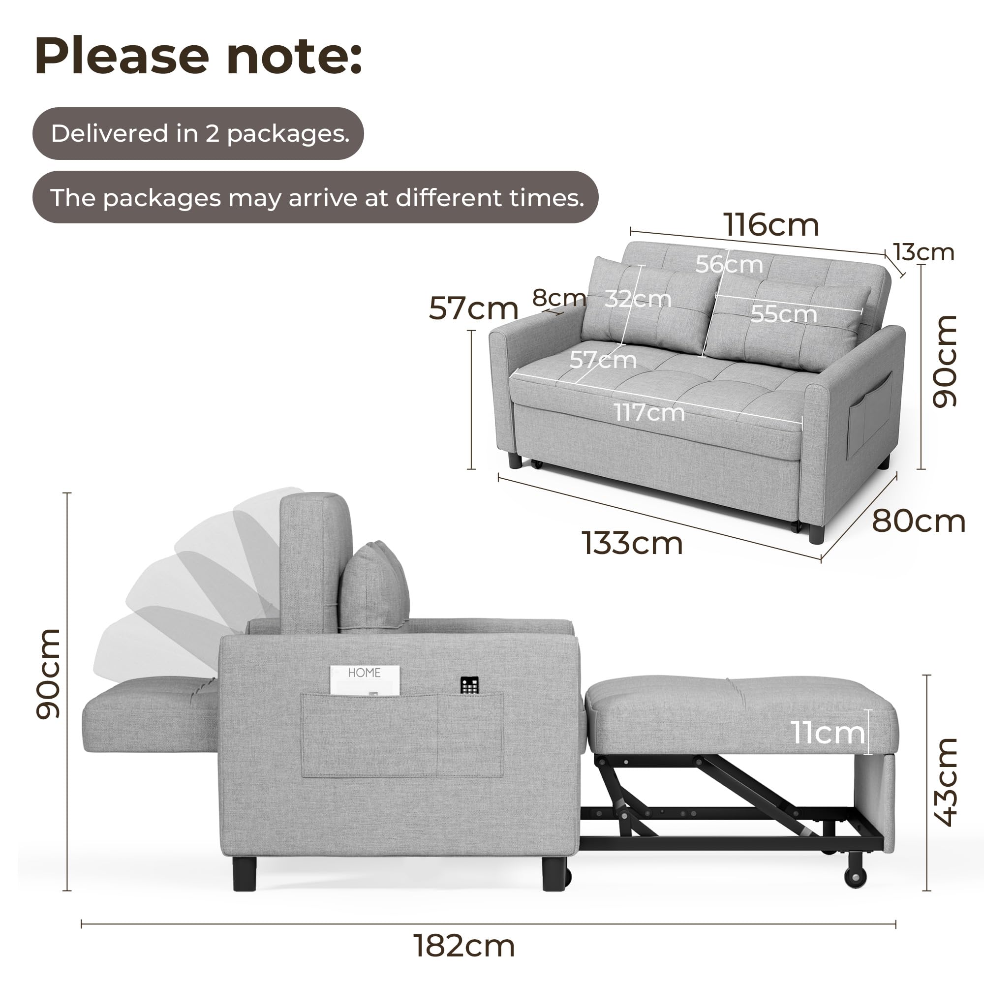 Divano Letto 2 Posti 3 in 1,Divano Matrimoniale Prontoletto Estraibile con 2 Guanciali e Tasche Laterali per Soggiorno, Camera da Letto o Ufficio,132X80X90cm,Grigio chiaro