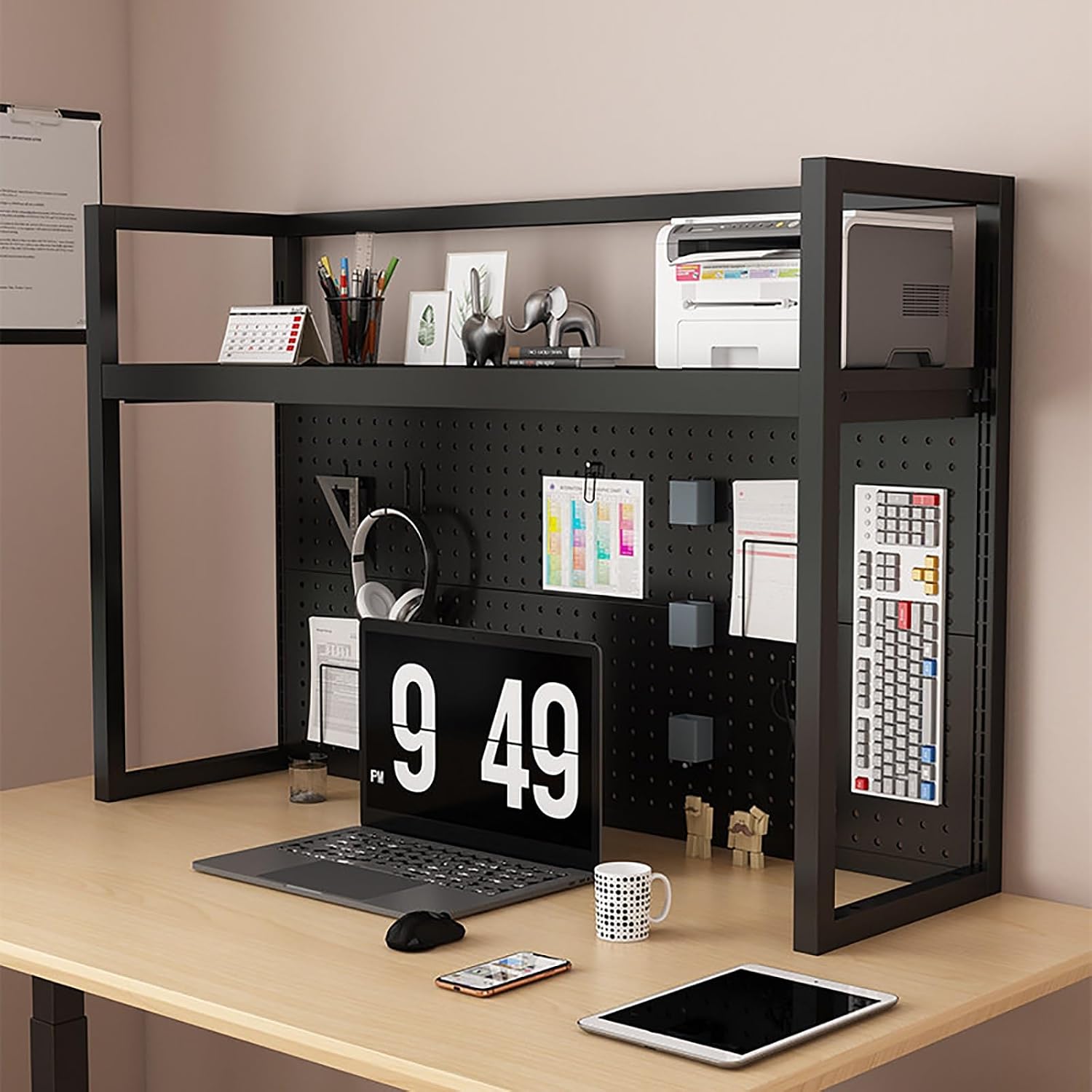 Desk Shelf Organizer with Pegboard, Adjustable Desktop Display Shelf, Metal Countertop Storage Rack, Safe and Secure Space-Saving, Home Decor(Black,120 * 82cm/47.2 * 32.3in)