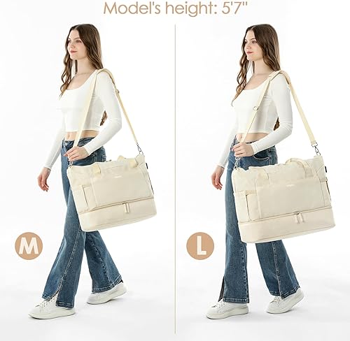 Miniatura 2 de Bolsa de gimnasio ETRONIK para mujeres, bolsa de viaje con compartimento para zapatos, bolsa de fin de semana con puerto de carga USB, Beige, Grande