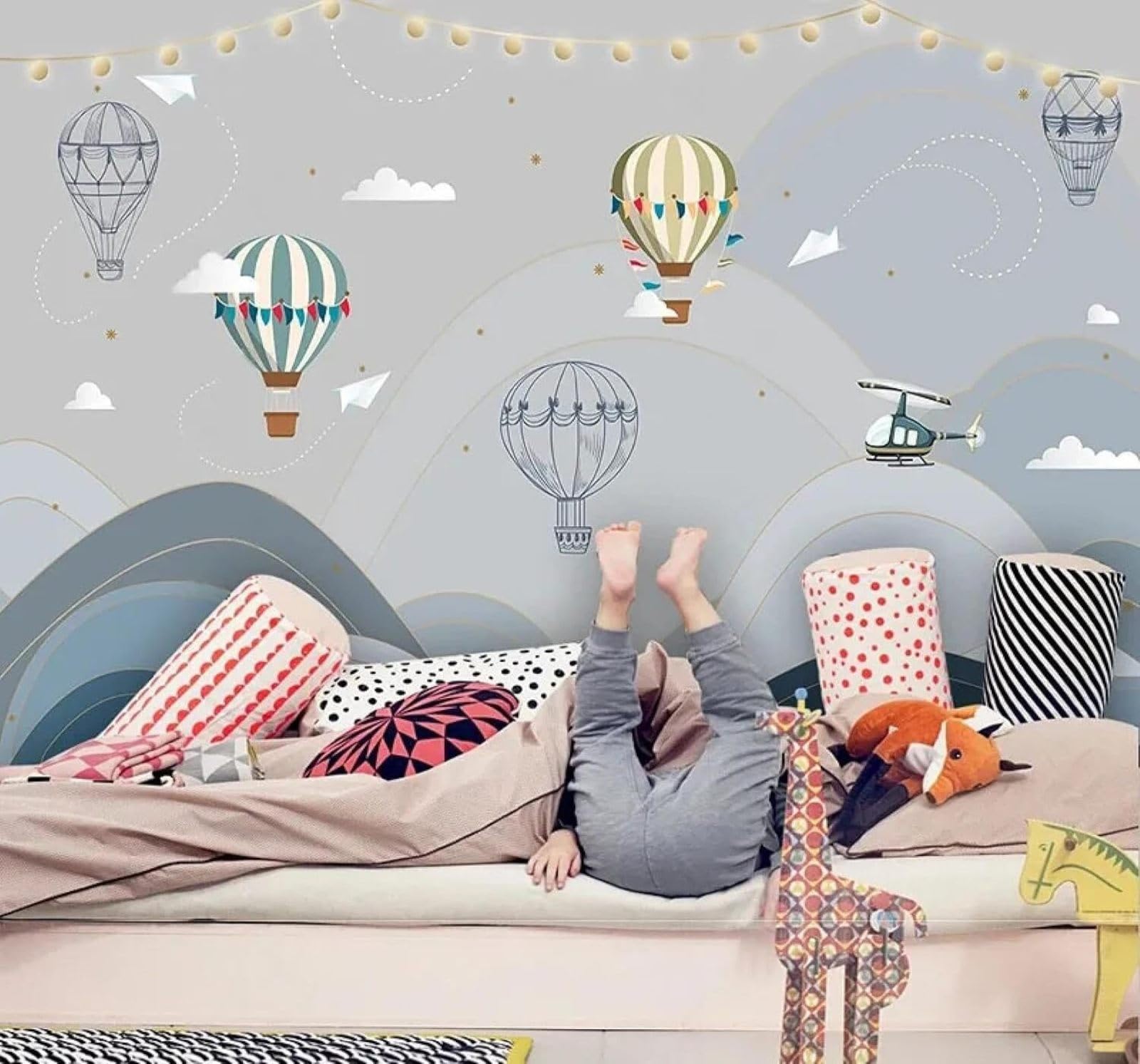 XLMING Cartoon Minimalist Hot Air Balloon Mountain Peaks Aeroplane 3D Wallpaper Premium Textured Silk Study Dining Living Room Bedroom Sofa TV Wall Easy Install-200cm×140cm