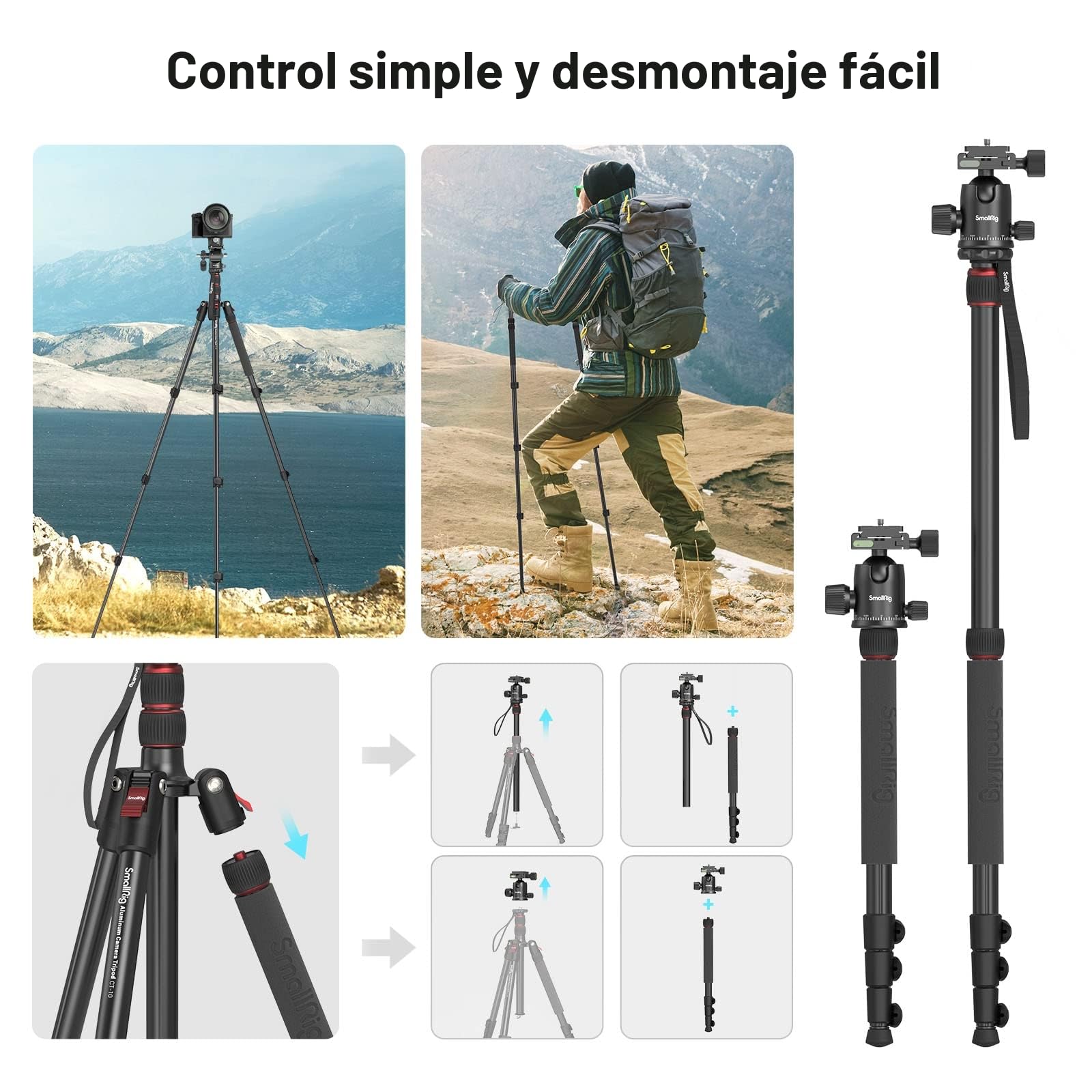 SMALLRIG Trípode Monopie para Cámara, 72" Trípode de Aluminio, Placa de Liberación Rápida con Cabeza Esférica Panorámica 360°, Carga Máxima 15kg, Ajustable de 17" a72, para Cámaras y Teléfonos - 3935