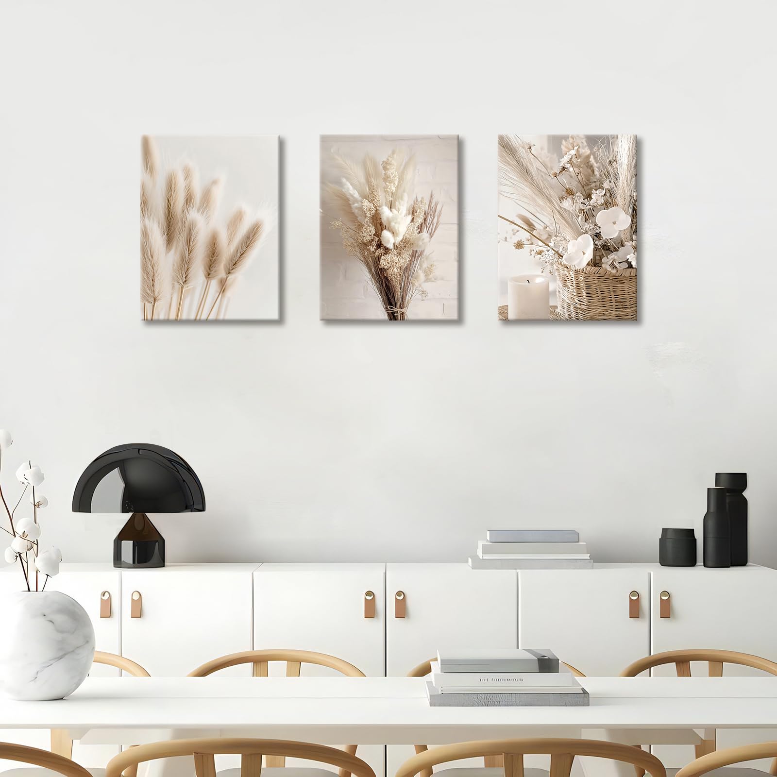 3 Pcs Wooden Framed Canvas Wall Art Canvas Prints Boho Beige Pampas Grass Painting Nordic Flower Sage Dried Grass Plants Pictures for Living Room Bedroom Bathroom Hallway Wall Decor 30x40 cm x3pcs - Image 2