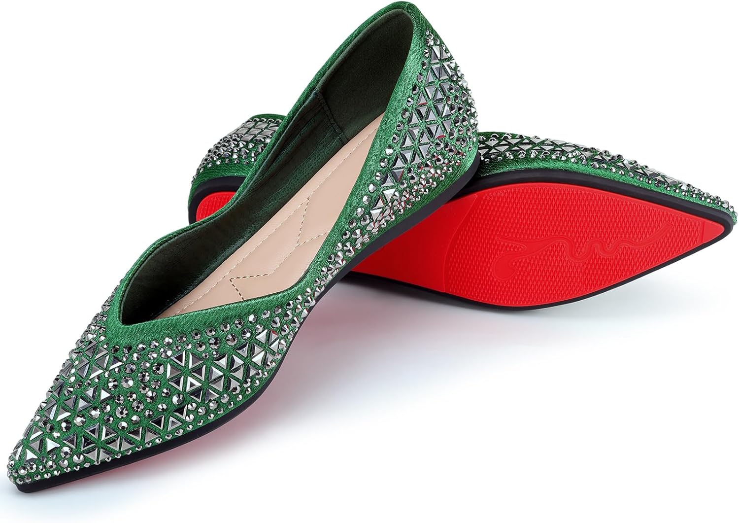 Women's Flats Rhinestone Pointed Ballet Flats Comfortable Soft Memory Foam Insole for Women Sparkle Elegant Dress Shoes Green 6 - Image 3