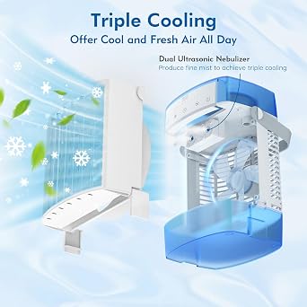 Portable Air Conditioners, 1000ml Portable AC Unit with Remote Control, Powerful 3 Speeds 7 Colors LED Evaporative Air Cooler with Timer, Personal Mini Air Conditioner (Blue)