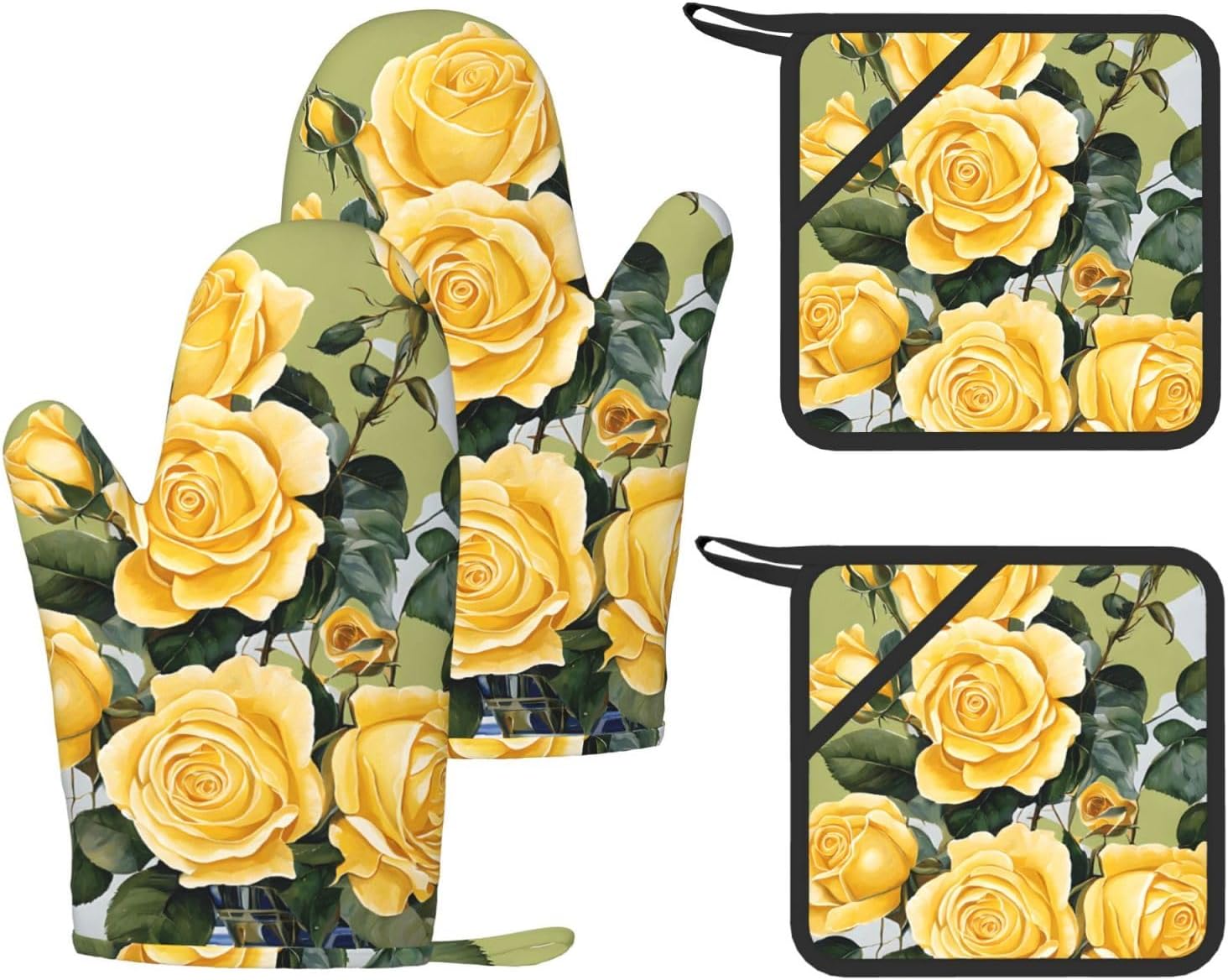 Yellow Rose Oven Mitts and Pot Holders Set of 4 Heat Resistant Kitchen Gloves with Silicone Palm Hot Pads for Baking Cooking Grilling BBQ