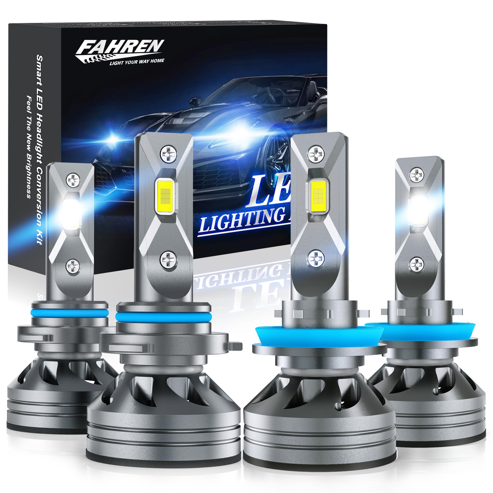 FAHREN H11 9005 LED Headlight Bulb Combo, 80000LM Super Bright H9 HB3 LED Bulb with Canbus Driver, 360° Adjustable Light Angle, 6500K White IP68 Waterproof, Pack of 4