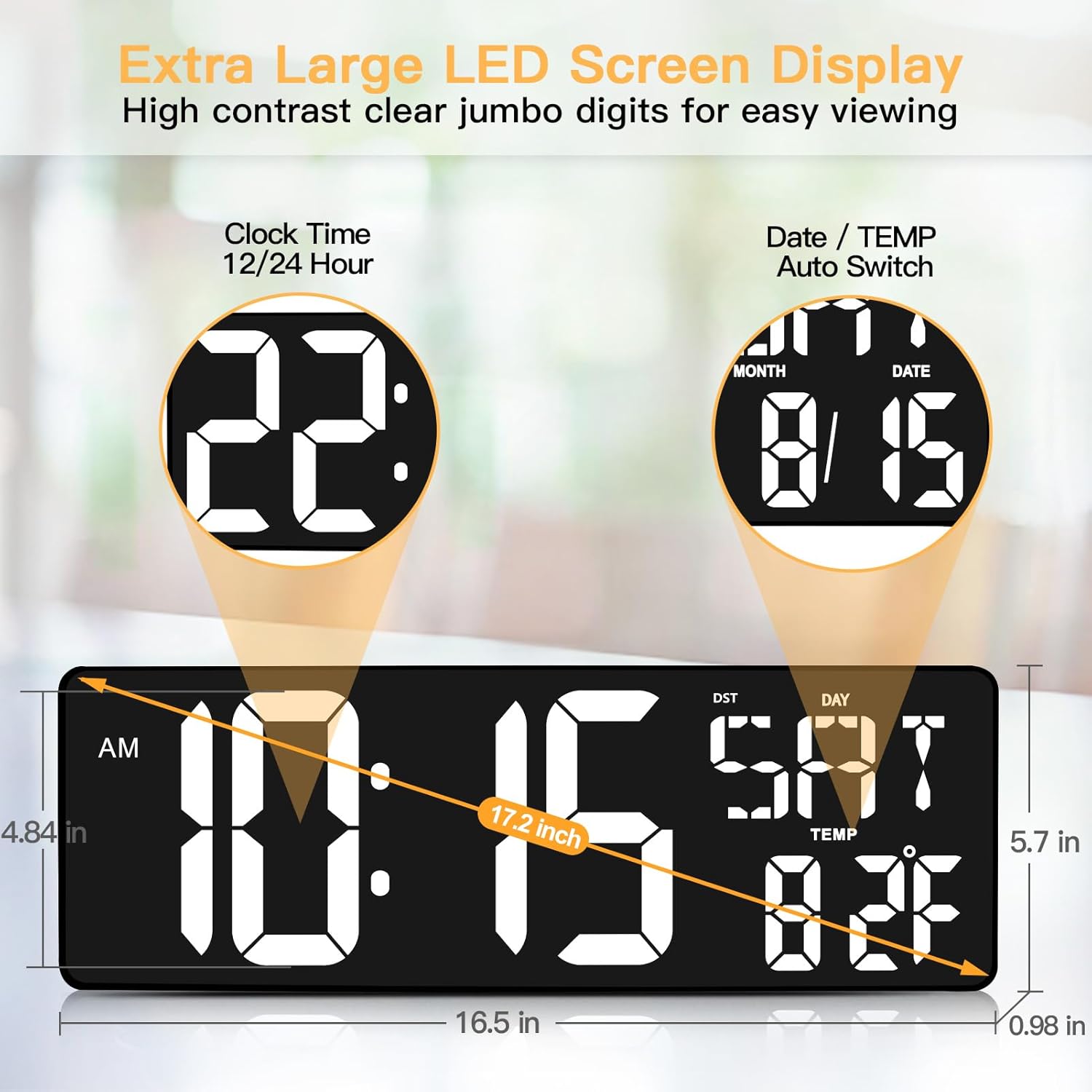 XREXS Large Digital Wall Clock with Remote Control, 17.2 Inch LED Large Display Count Up & Down Timer, Adjustable Brightness Plug-in Alarm Clock with Day/Date/Temperature for Living Room, Office, Gym