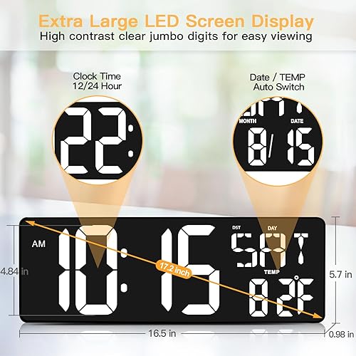 Miniatura 2 de XREXS Large Digital Wall Clock with Remote Control, 17.2 Inch LED Large Display Count Up & Down Timer, Adjustable Brightness Plug-in Alarm Clock