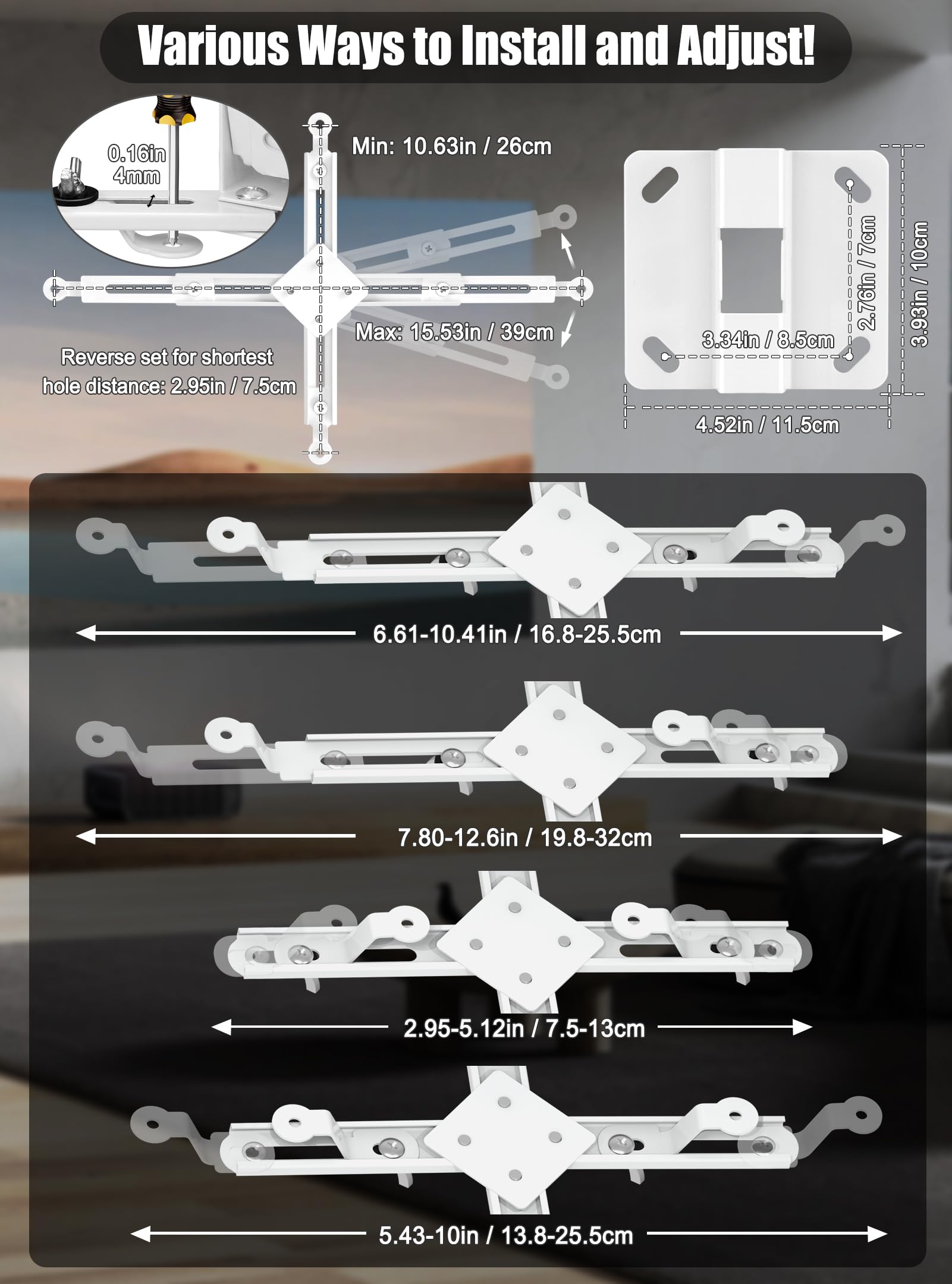 2-Be-Best Support de plafond universel 3 en 1 pour projecteur avec bras réglable, option de montage encastré, gestion des câbles intégrée pour bureau et maison, blanc