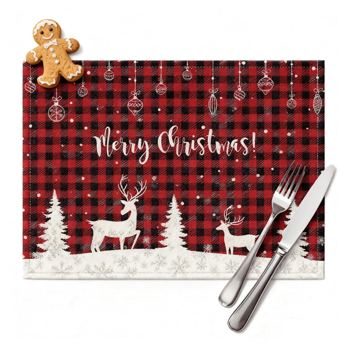 Buffalo Plaid Christmas Tablecloth Set with Reindeer and Tree Design, Red Black Holiday Pattern, Festive Dining Room Party Decoration