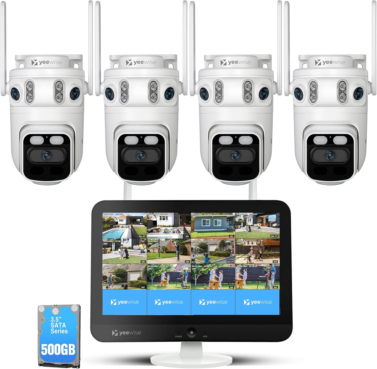 yeewise Triple Lens Wireless Security Camera System with 12" Monitor, 3-in-1 Auto Tracking Cameras with 360° Coverage, WiFi 6, 16CH NVR, 24/7 Recording, 500GB HDD, No Monthly Fee, Plug-in Power