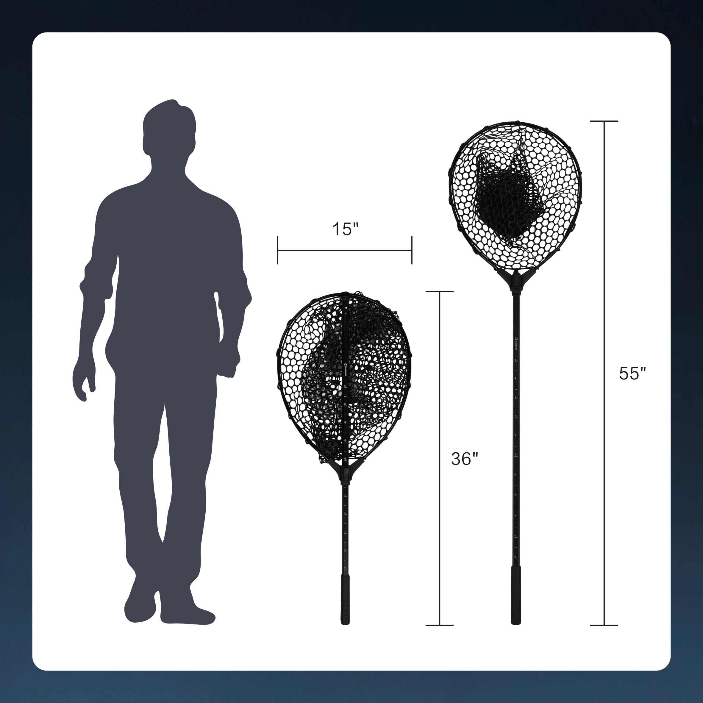 Black Paw Fishing Net Fish Landing Net with Soft Rubber Mesh Bag, Large Fish Net with Built in Length Scale, Extend to 36-55 Inches
