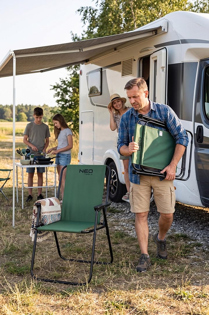 NEO TOOLS Campingstuhl Klappbar 110kg Belastbar Leicht 1,8kg Strandstuhl | Federkomfort 600D Polyester Faltstuhl, Für Garten Balkon Angeln, Camping Blau-Schwarz