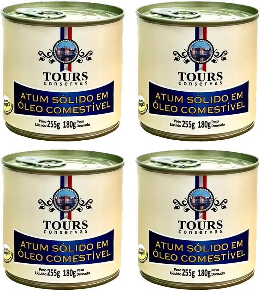 KIT 4X Atum Sólido Tours Conservas em óleo 255g Cada | Lata Tampa Abre Fácil - Rico em Ômega 3 e Proteína