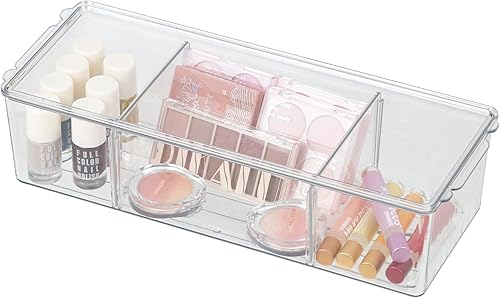 Miniatura 6 de Contenedor de almacenamiento de plástico transparente con tapa y 3 compartimentos divididos, apilable transparente y larga caja de almacenamiento