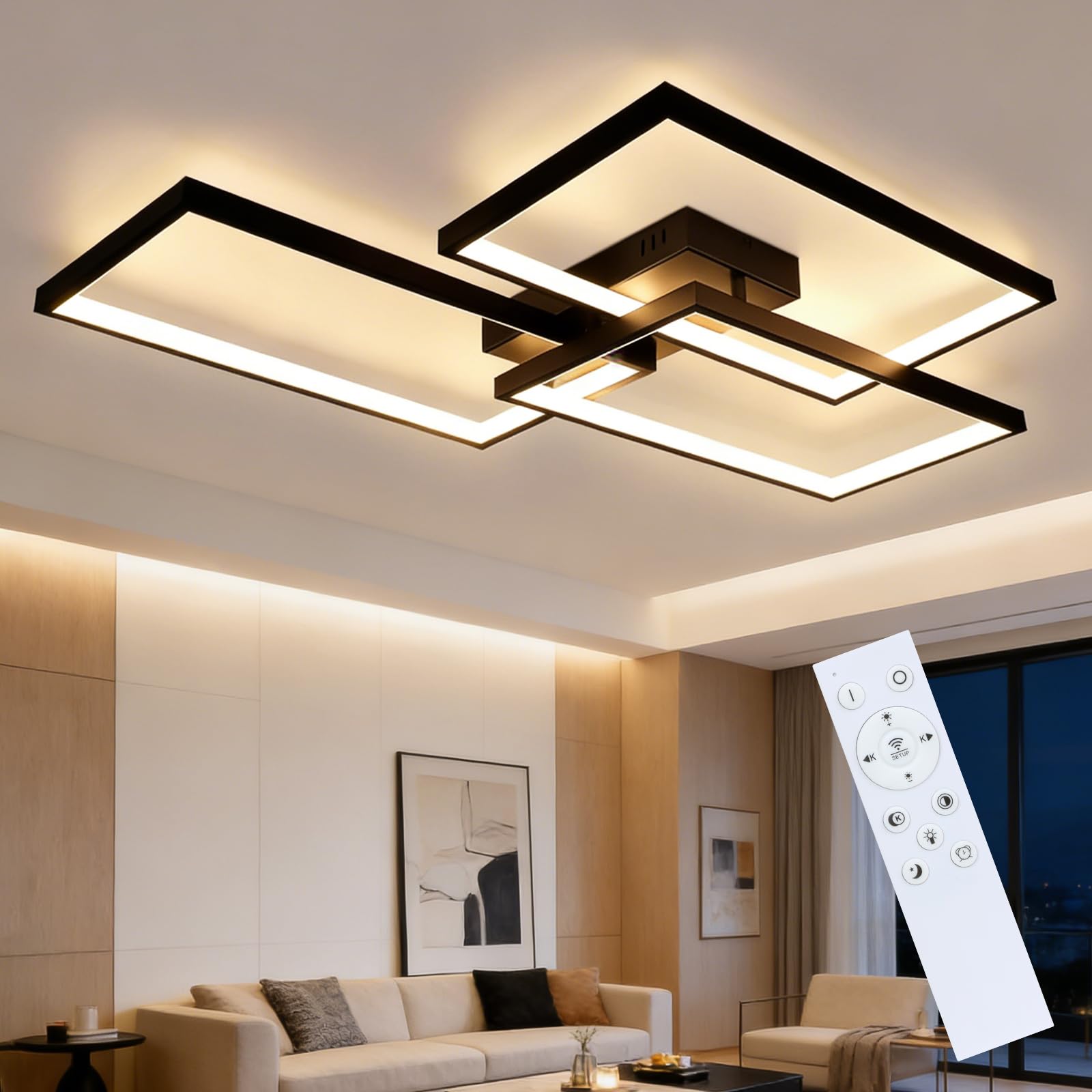 CBJKTX Nowoczesna lampa sufitowa do salonu, 80 cm, czarna lampa sufitowa LED, możliwość ściemniania, 74 W, z pilotem, metaliczna konstrukcja, do pokoju dziecięcego, biura