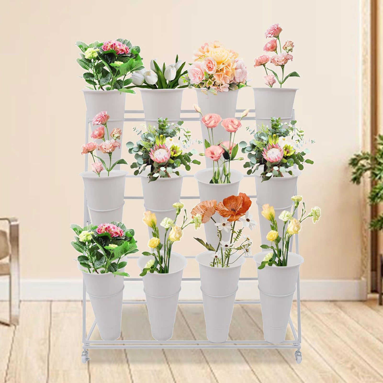 Étagère à fleurs 3 niveaux support plantes roulettes extérieur intérieur avec seaux