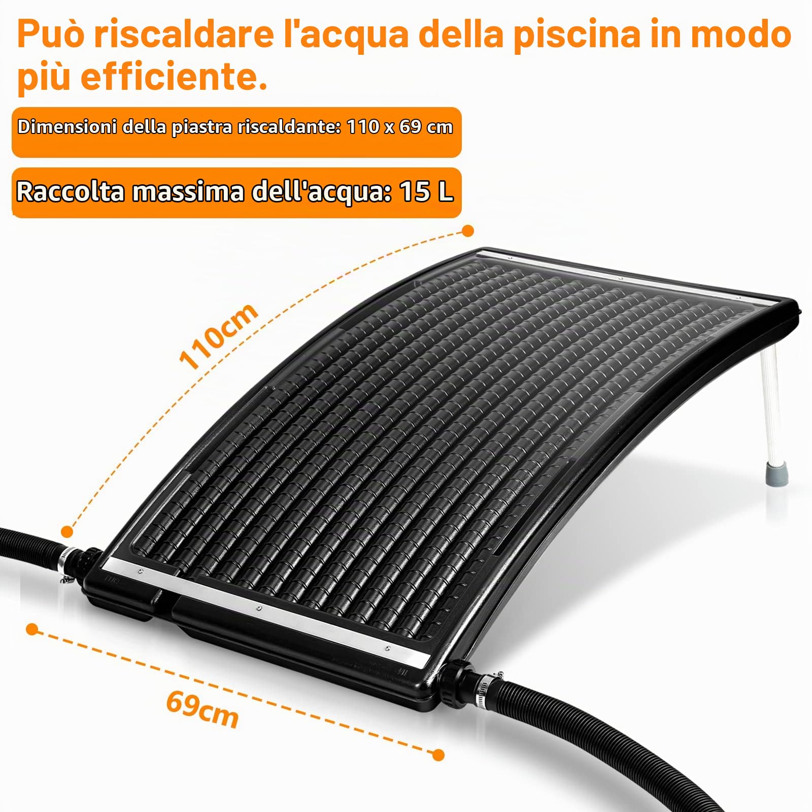 Randaco Riscaldamento per piscina, pannello solare, colore nero, 110 x 69 x 14 cm, attacco Ø 38 mm, riscaldamento solare, impianto solare per acqua calda, doccia da giardino, piscina