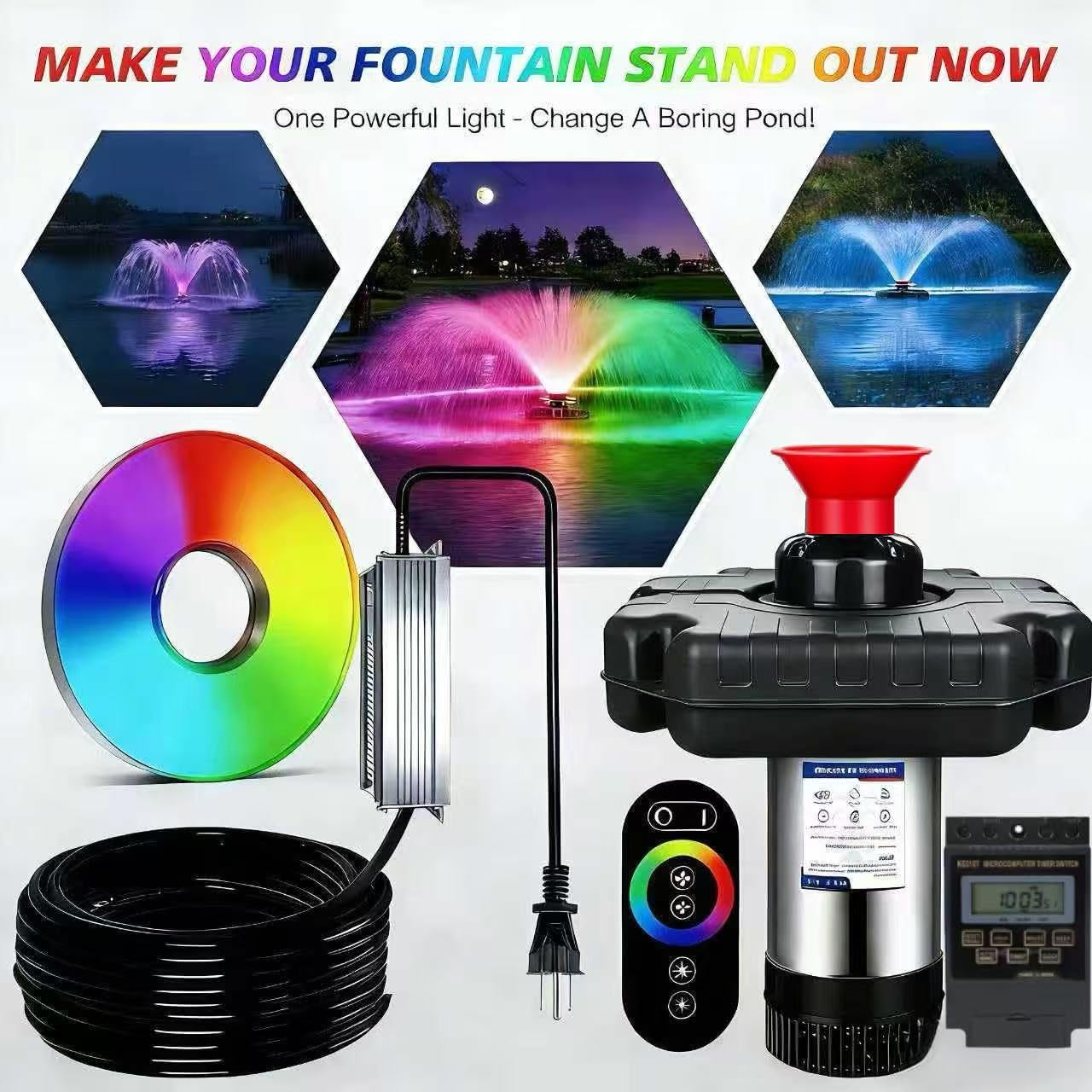 Teichbrunnenbelüfter, Teichbelüfter, mit dynamischer LED-RGB-Beleuchtung, einstellbarer Modi, digitaler Timer, 1 PS 15.000 GPH, 750 W 110 V, 30 m Kabel – für große Teiche, Seen und Wasserspiele im
