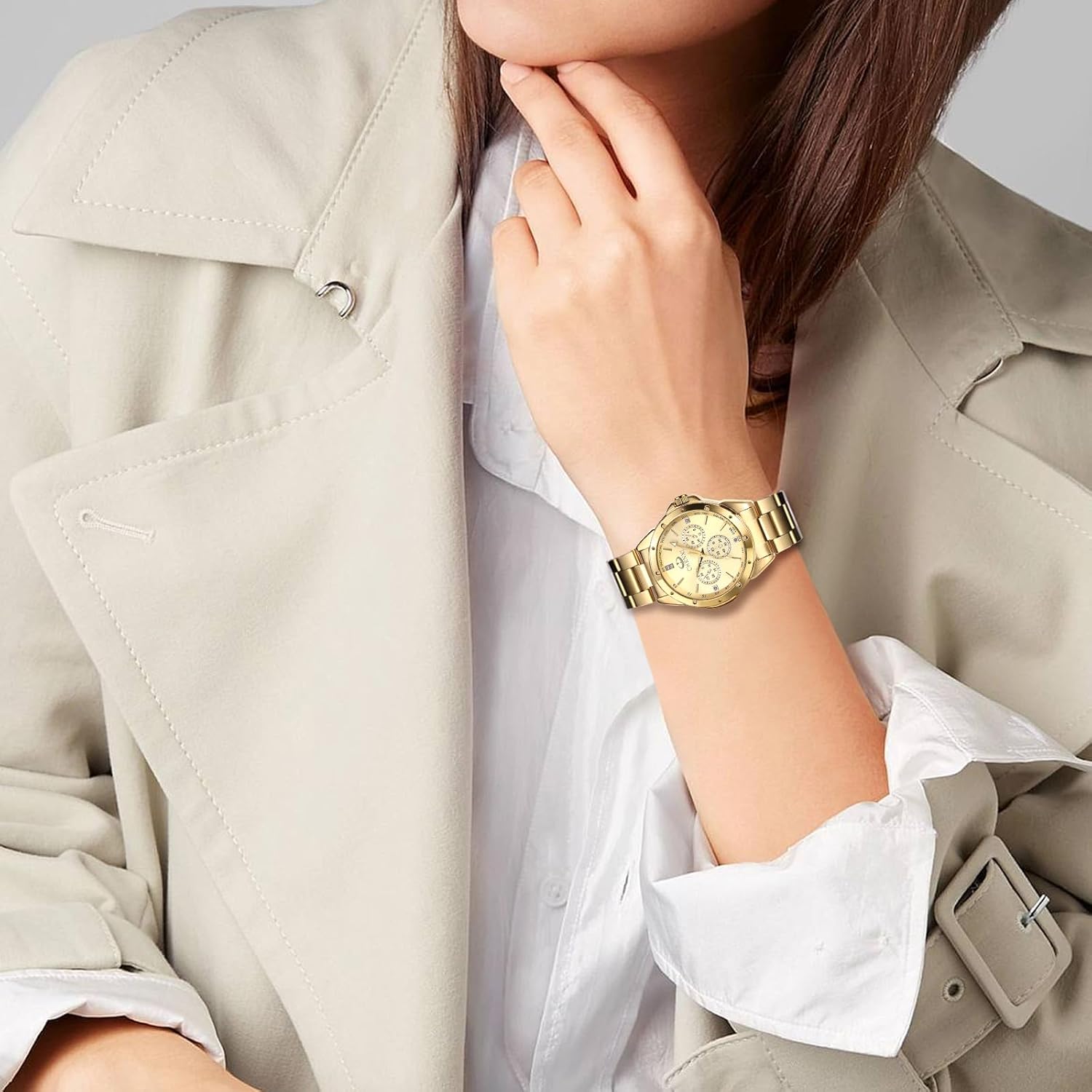 JewelryWe Quartz Rhinestone Waterproof Watch: Women's Stainless Steel Big Face Gold Black Easy to Read Analog Quartz Watch Luxury Dress Watch for Mother's Day