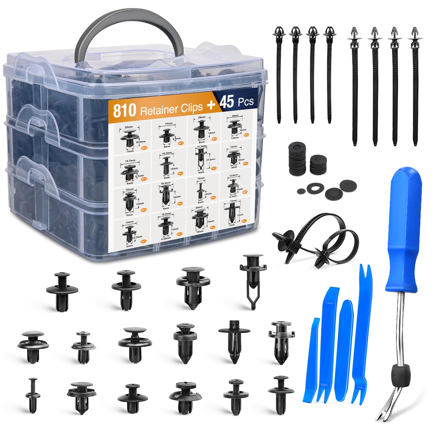 GOOACC 855Pcs Car Push Retainer Clips & Auto Fasteners Assortment -16 Most Popular Sizes Nylon Bumper Fender Rivets with Cable Ties and Fasteners Remover Fits for Toyota GM Ford Honda Acura Chrysler 810 Clips + 41 Tools