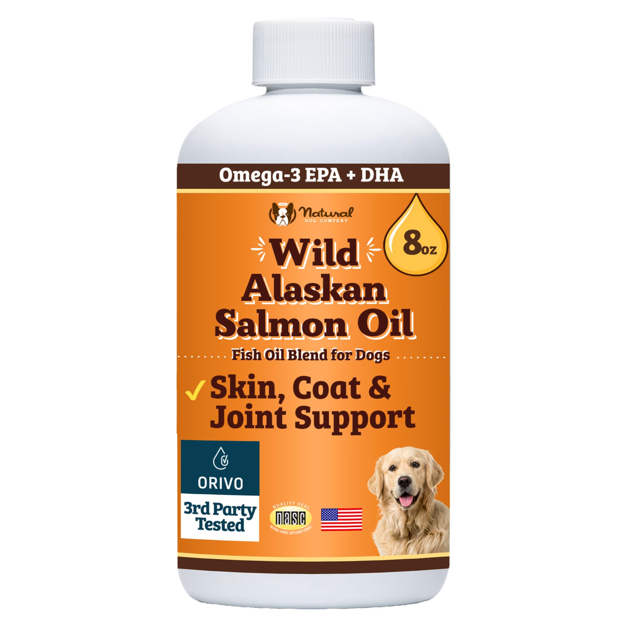 Natural Dog Company Wild Alaskan Salmon Oil for Dogs & Puppies - Omega 3 Fish Oil Supplement for Small Dogs with EPA & DHA, Trial Size Skin, Coat, Joint & Heart Support, 8 oz