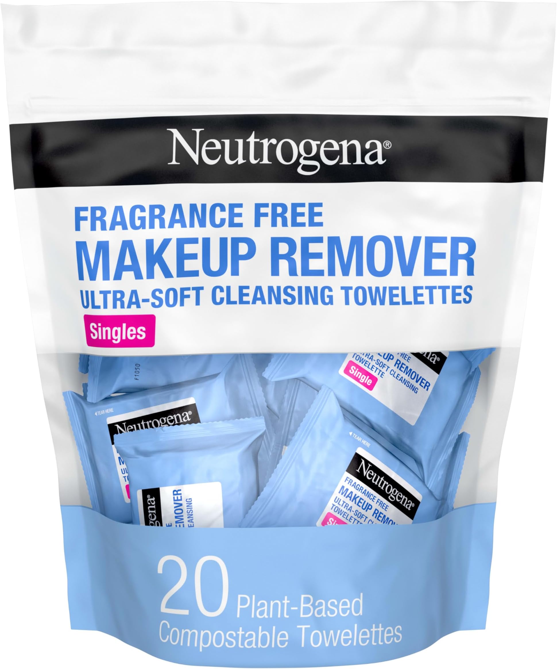 Neutrogena Fragrance-Free Makeup Remover Cleansing Towelette Singles, Individually-Wrapped Daily Face Wipes to Remove Dirt, Oil, Makeup & Waterproof Mascara for Travel & On-the-Go, 20 ct