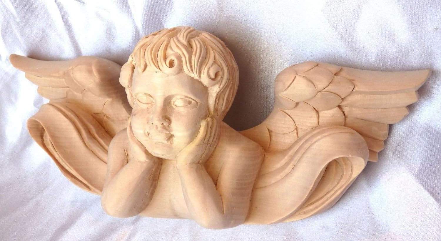 10-1/4"W X 4-1/8H X 2-1/2"D Hand Carved Red Oak Wood Angel Face Corbel Onlay, 409 (Birch Wood)
