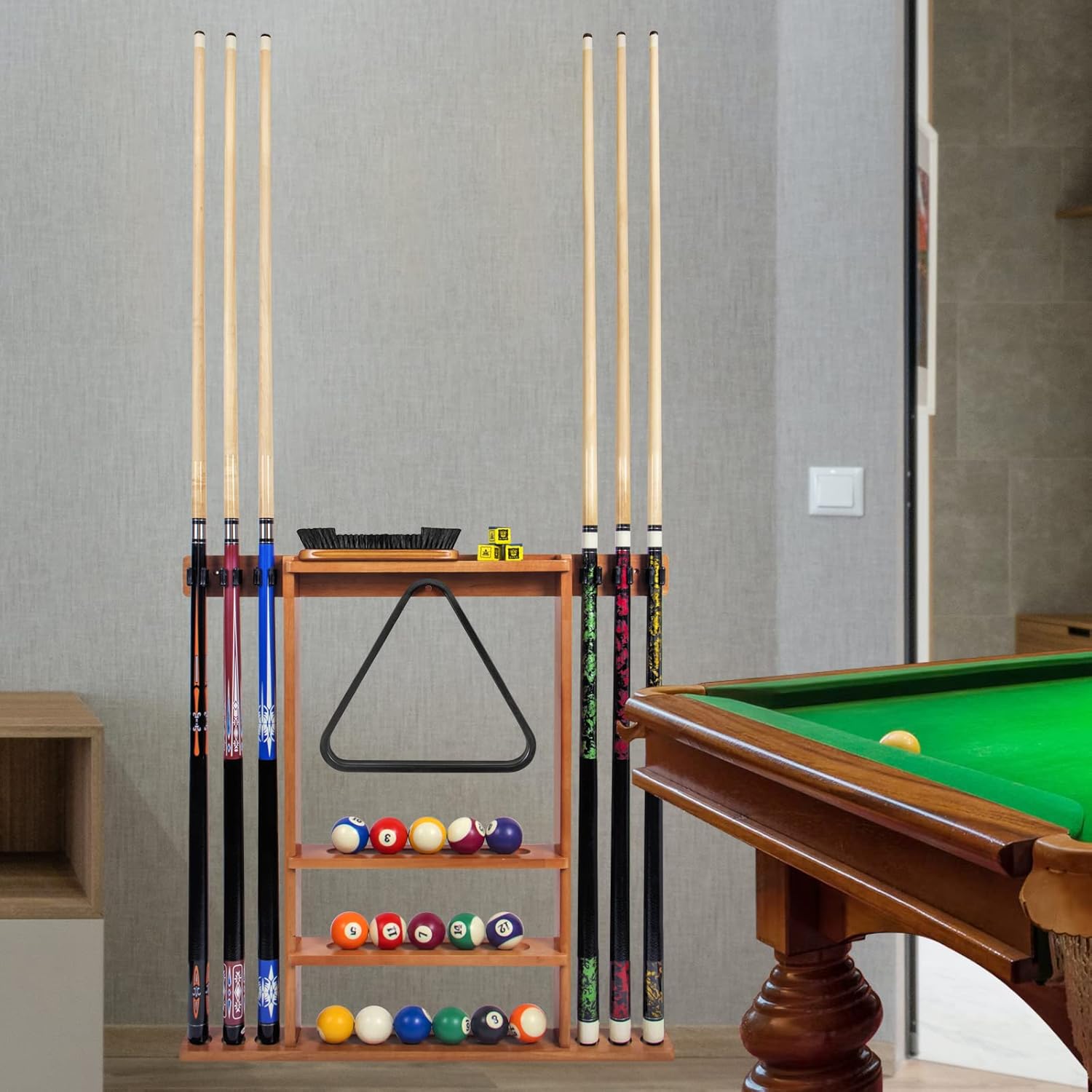 Pool Stick Holder, Wall Mount Pool Cue Rack ,Solid Wood Floor Stand for billiard cue sticks,Holds 6 Pool Cues & a Full Set of Balls,Professional Pool Table Accessories for Billiard Room or Club
