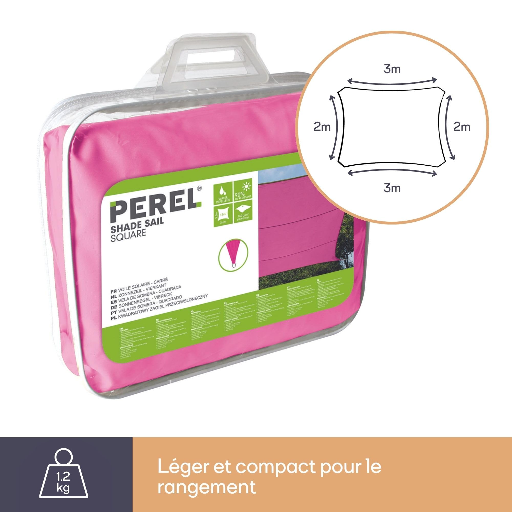 Perel Voile d'ombrage, Toile ombrage, Toile extérieure terrasse, imperméable, Protection Contre UV, 4 Anneaux en O en Acier Inoxydable, 2 x 3 m, 160 g/m², Polyester, rectangulaire, Fuchsia