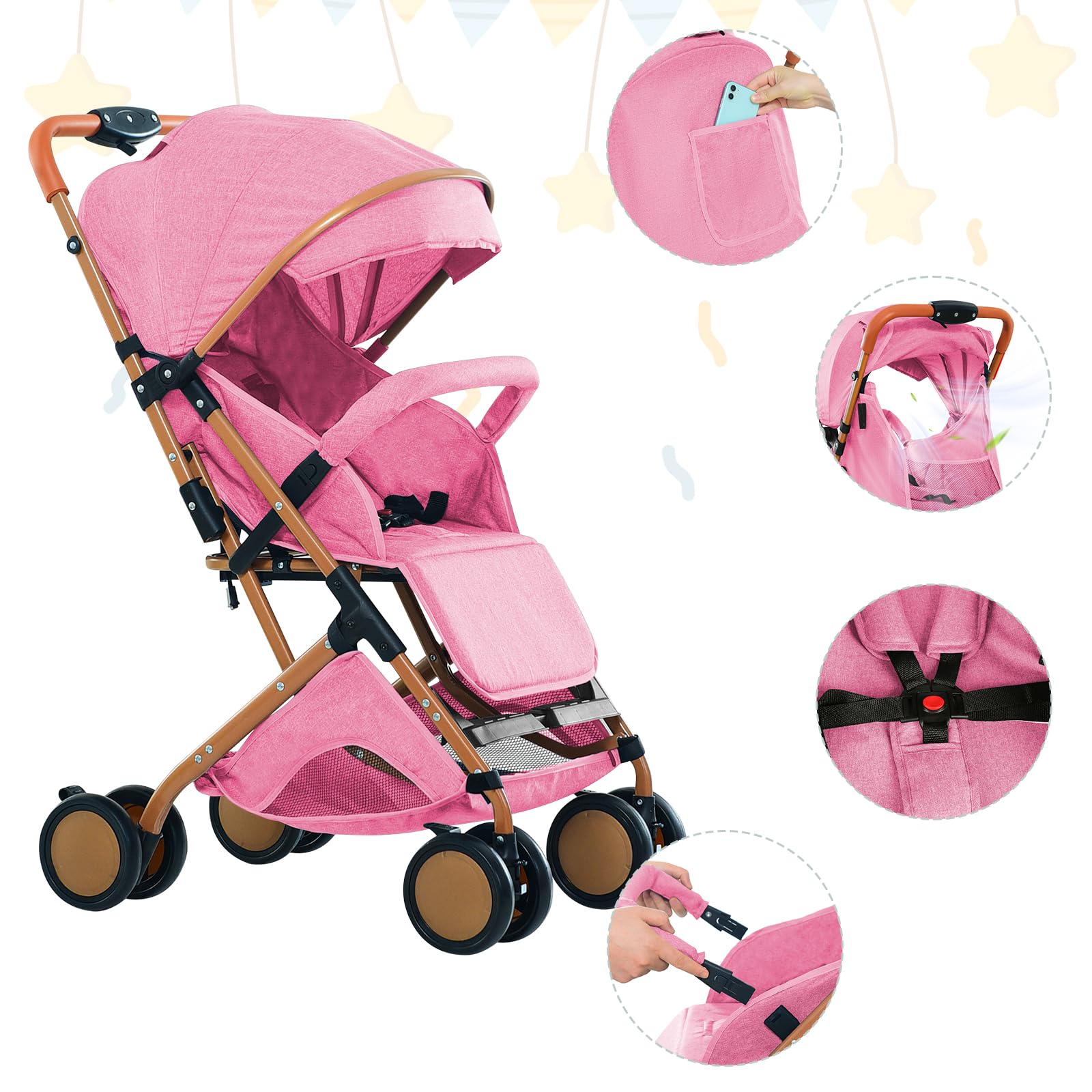 Passeggino Canne leggero e compatto, regolazione dello schienale fino alla posizione sdraiata, 45x71x98 cm, seduto/sdraio/spingere/tirare, zanzariera in cotone rosa