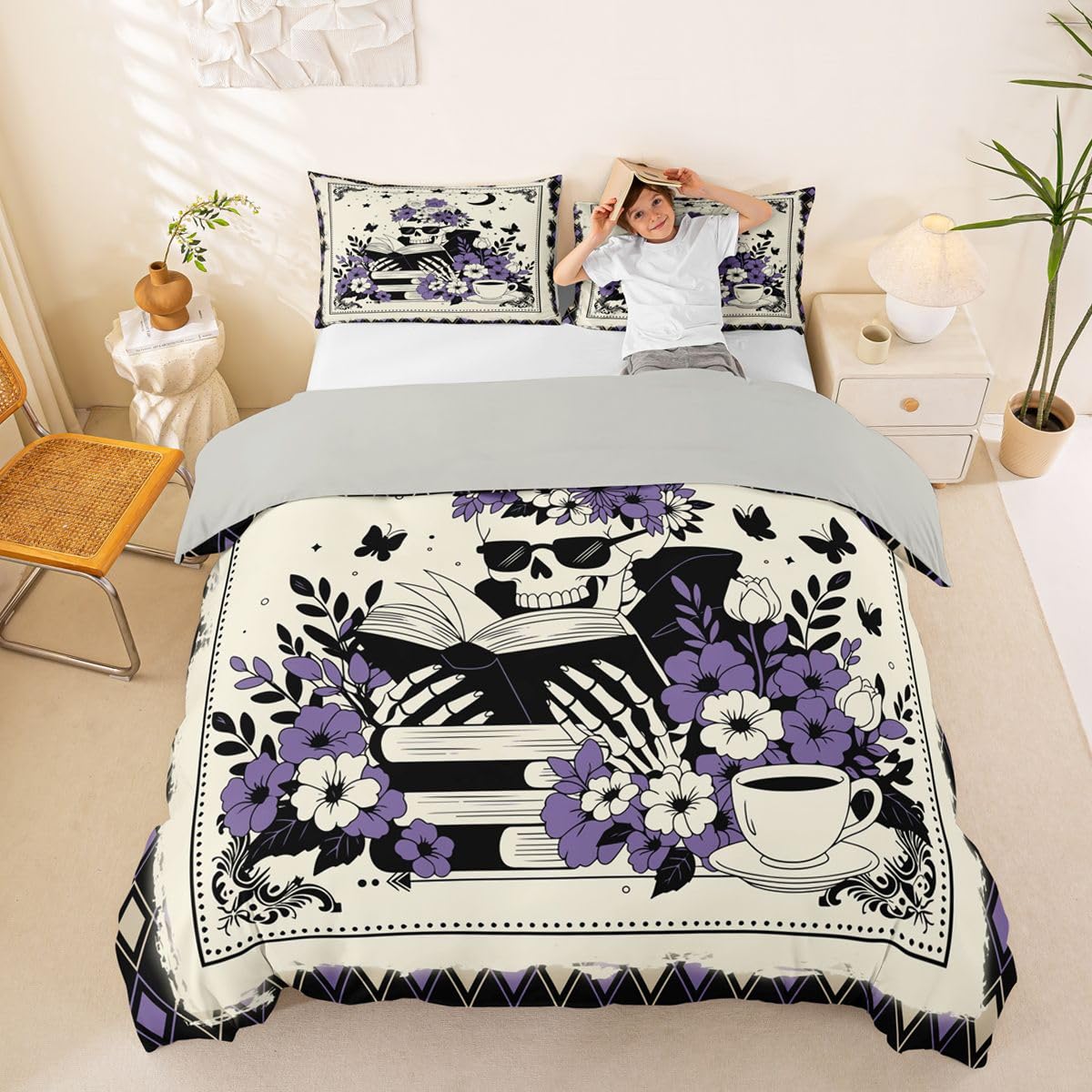 Homewish Copripiumino per letto super king size con 2 federe con teschio