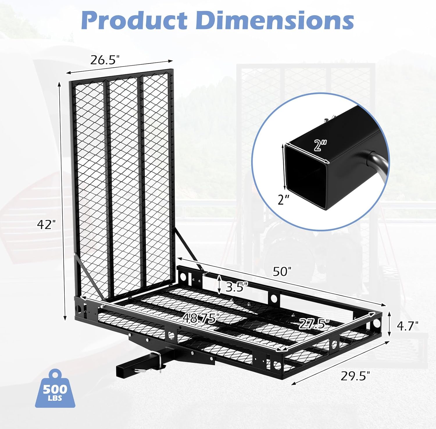 Diagram showing the product dimensions of the Goplus hitch carrier, including length, width, height, and ramp dimensions.