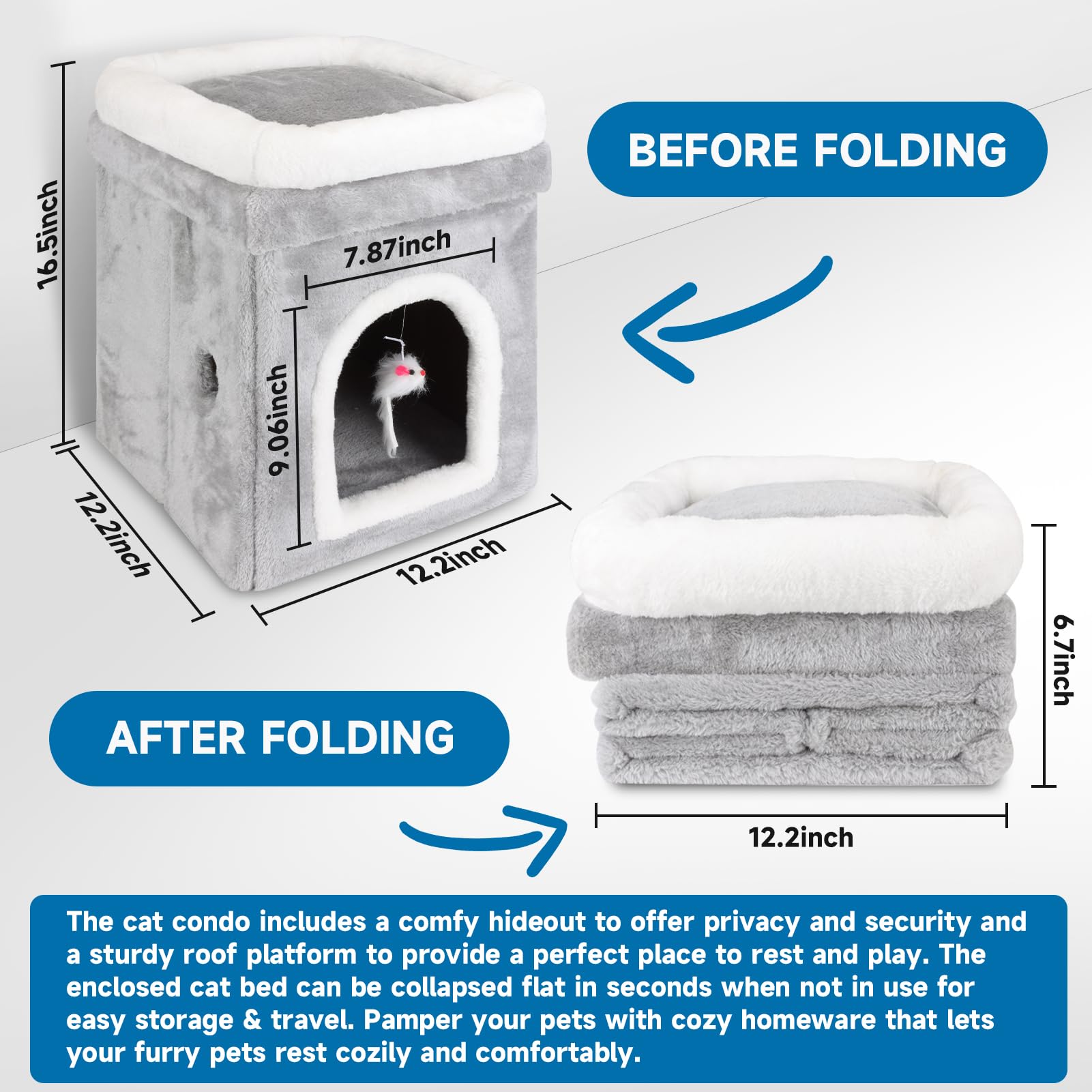 Cat Bed House Cube for Indoor Cats, Large Indoor Covered Cat Cave Bed Cat Ottoman for Pets Sleeping, Playing, Climbing and Hiding, Foldable Grey Cat Condo Hideaway Kitty Nest 12.2x12.2 x 16.5 inches