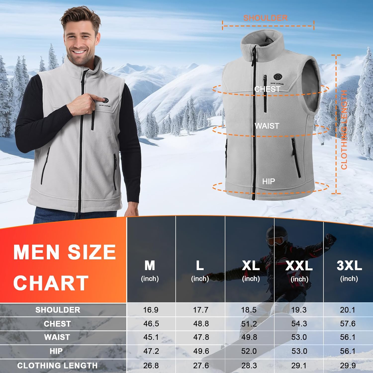 SNOW LEOPARD Men's Heated Vest, Black, Modern, Polyester, Fall/Winter, Outerwear Vests - Image 2