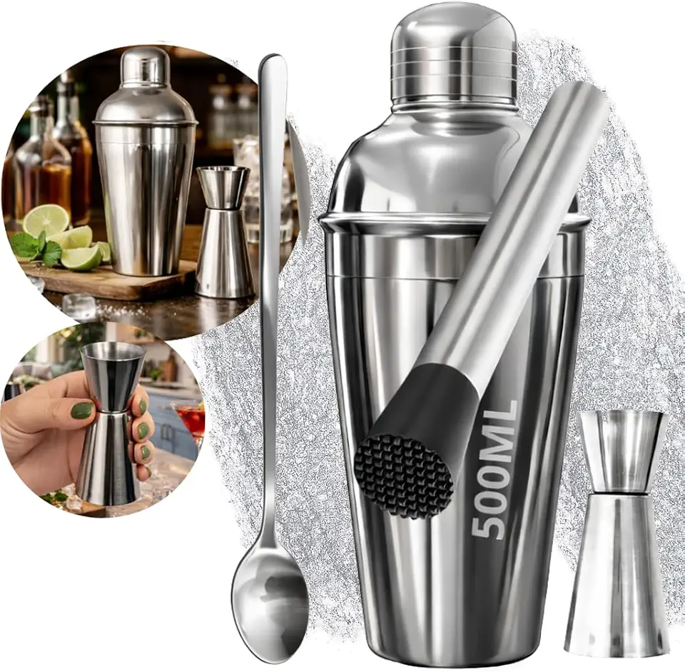 Kit Caipirinha Profissional com 4 Peças em Inox, Coqueteleira 500ml, Socador, Colher Bailarina, Dosador Duplo