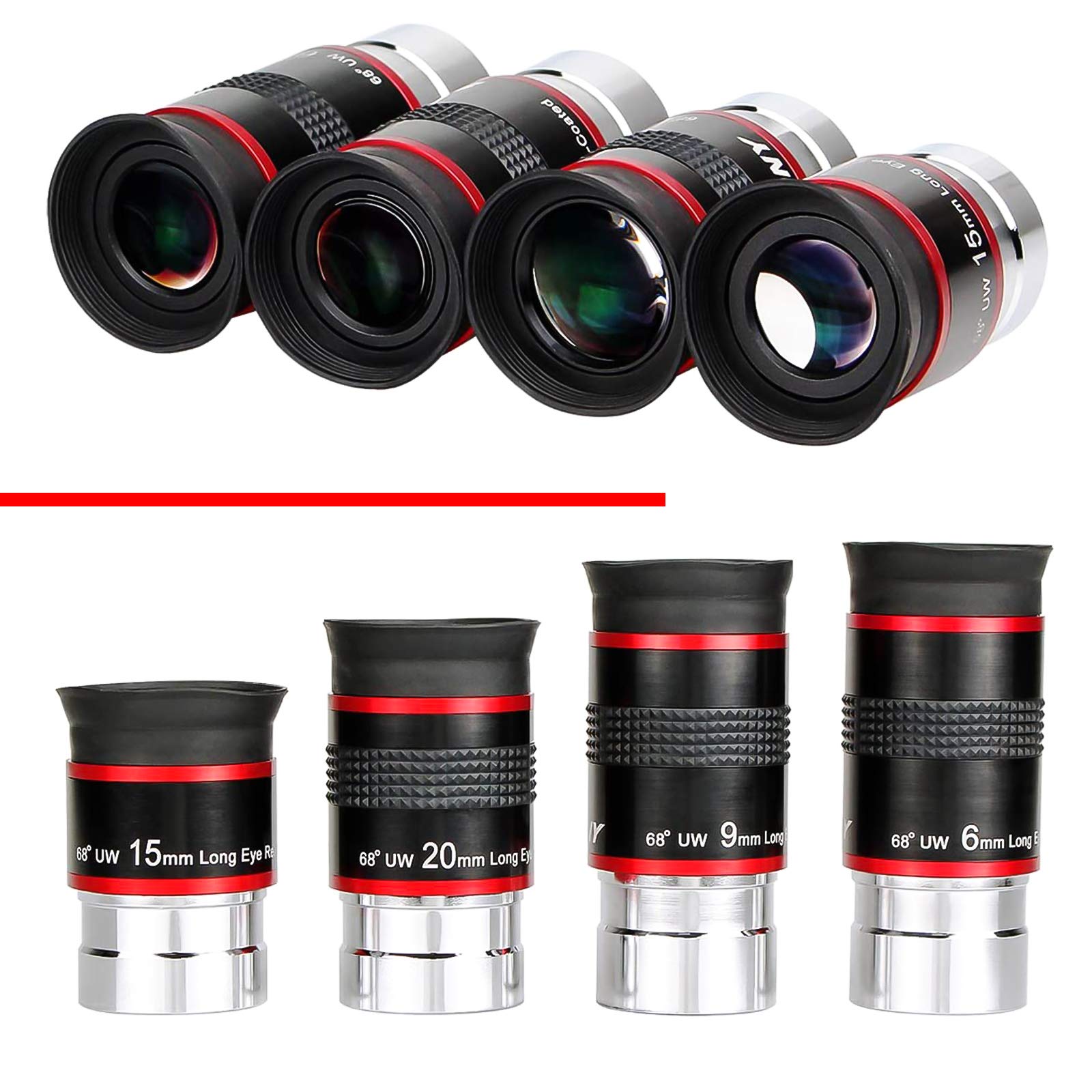 Lot de 4 oculaires ultra grand angle de 68 degrés pour télescope (6/9/15/20 mm) entièrement recouvert de vert 3,2 cm (6-9-15-20 mm)