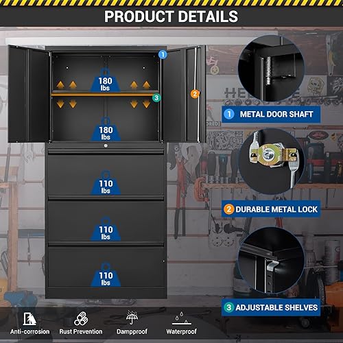 Miniatura 3 de Fesbos Gabinetes de almacenamiento de metal con cajones y puertas con cerradura archivadores laterales de metal para archivos colgantes de oficina