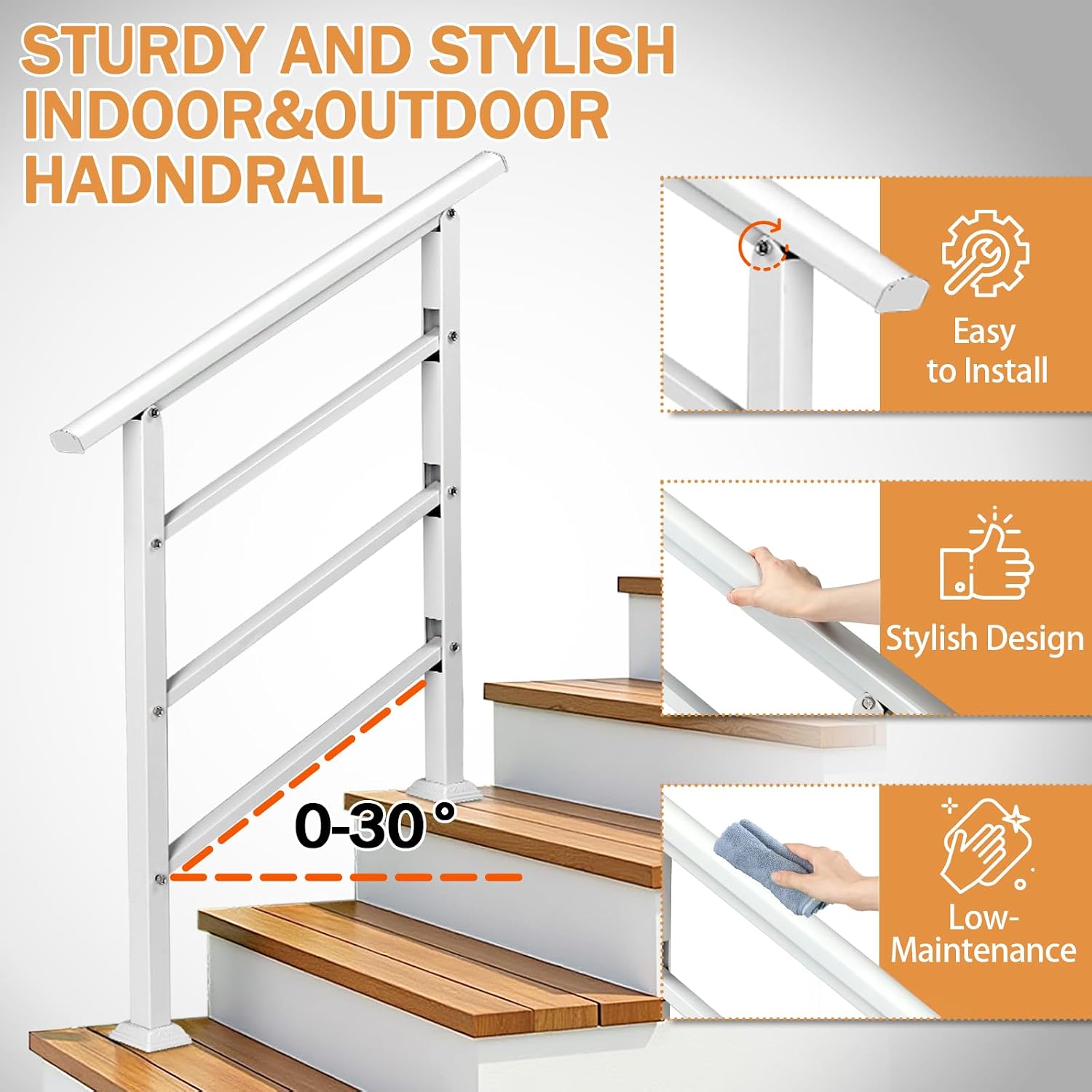 Outvita Handrails for Outdoor Steps, Fit 1-3 Steps Outdoor Stair Railing, Adjustable Wrought Iron Handrail with Installation Kit, White Transitional Hand Rails for Indoor Concrete Garden Porch Steps