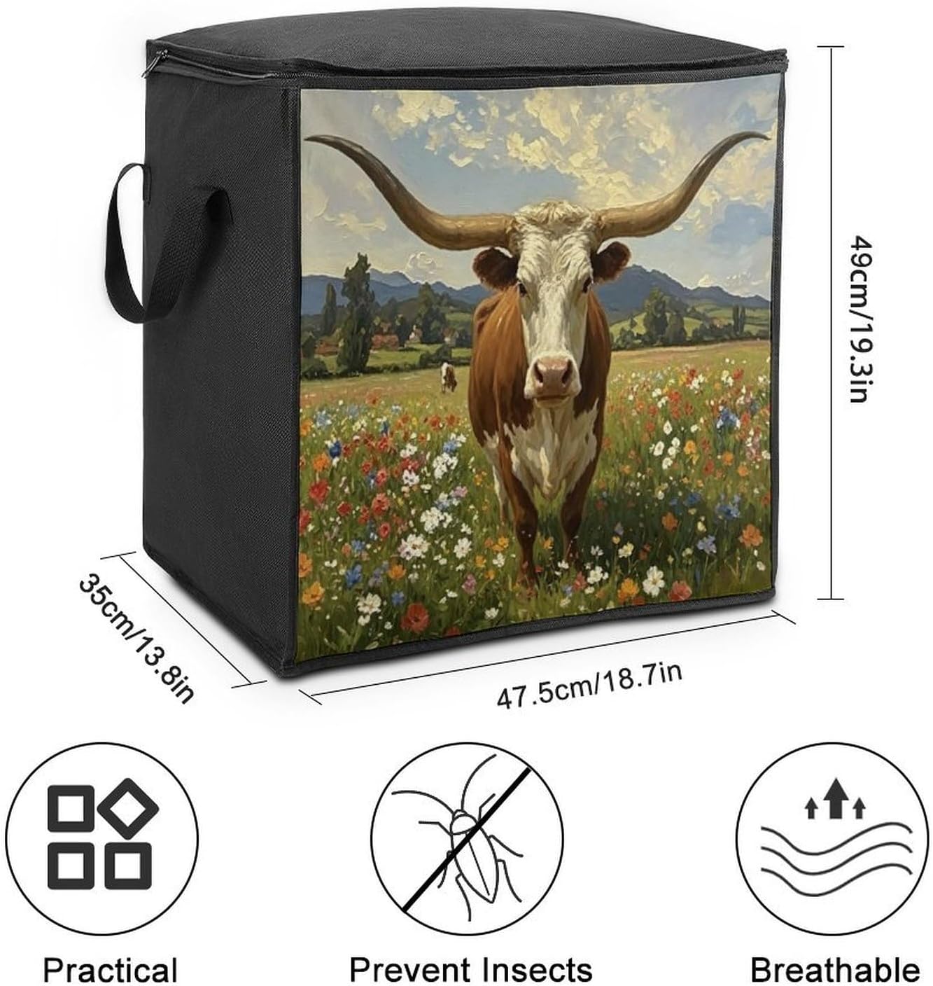 Longhorn Cow Comforter Storage Bag Moving Bag | Clothes Storage Bins-70L,Moving Bag With Dual Handles For Easy Carrying, Zipper Design Durability for Home,Bedroom,Closet