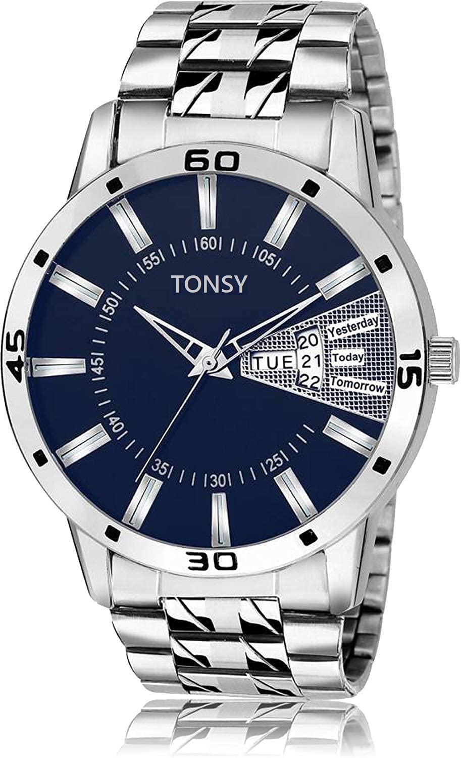 TONSY Analog Day Date Functioning Stainless Steel Strap Watch for Men (Silver Steel Blue) (B07H6YBB9B) Amazon Price History, Amazon Price Tracker