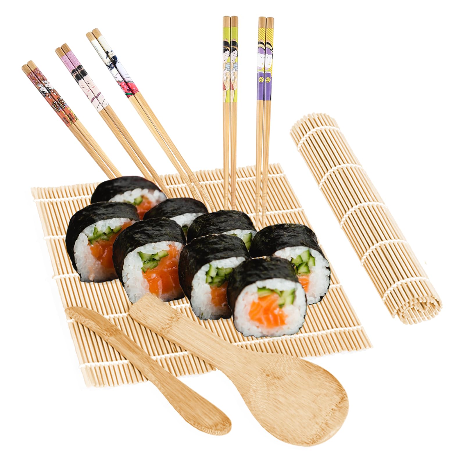 ZFYQ Kit à Sushi, 9 Pièces Kit de Fabrication de Sushi en Bambou, incluant Natte Sushi, Baguettes, Cuillère à Riz, Spatule en Bois, Outil de Préparation des Sushis pour les Débutants