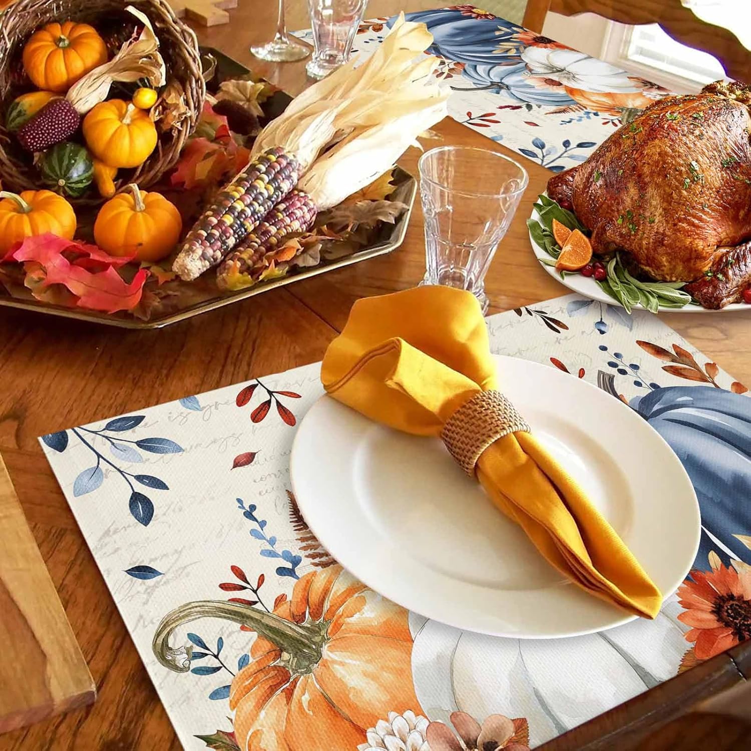 Fall Placemats Set of 12 Blue Pumpkin Place Mats Thanksgiving Placemat Autumn Flowers Eucalyptus Leaves Table Mats for Dining Kitchen Table Holiday Dinner Party Home Fall Decorations 13x19 Inch
