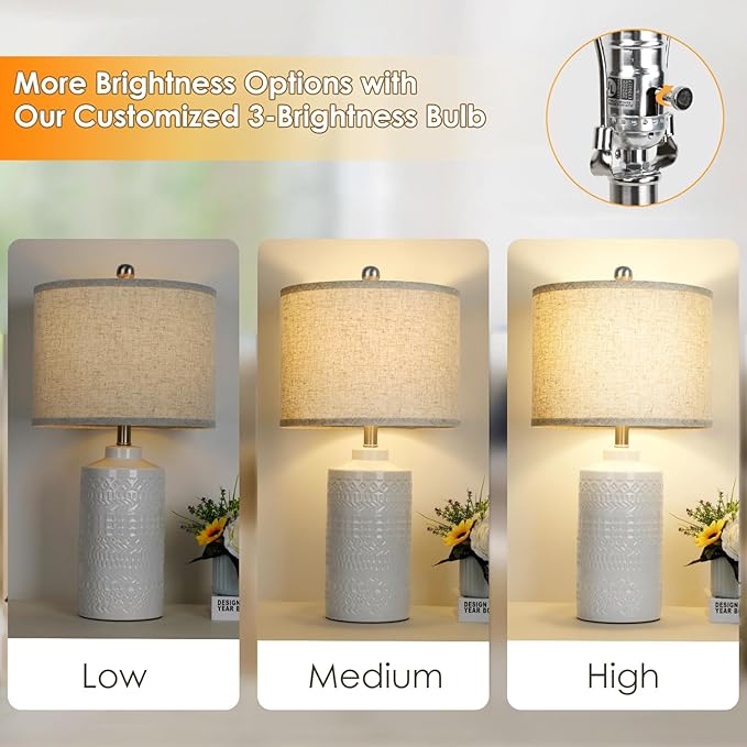 JUNNAI White Ceramic Table Lamp with Beige Shade: 3-Way Dimmable Night Stand Light Lamp 24.5" Modern Table Lamps for Living Room Bedroom End Table Office Entryway Lamps (Bulb Included photo 3