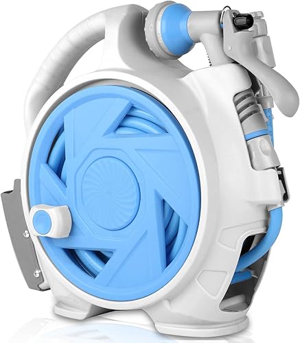 Carrete retráctil para manguera de jardín, carrete de manguera portátil de 45 + 5 pies con boquilla de pulverización de 7 patrones, montado en la