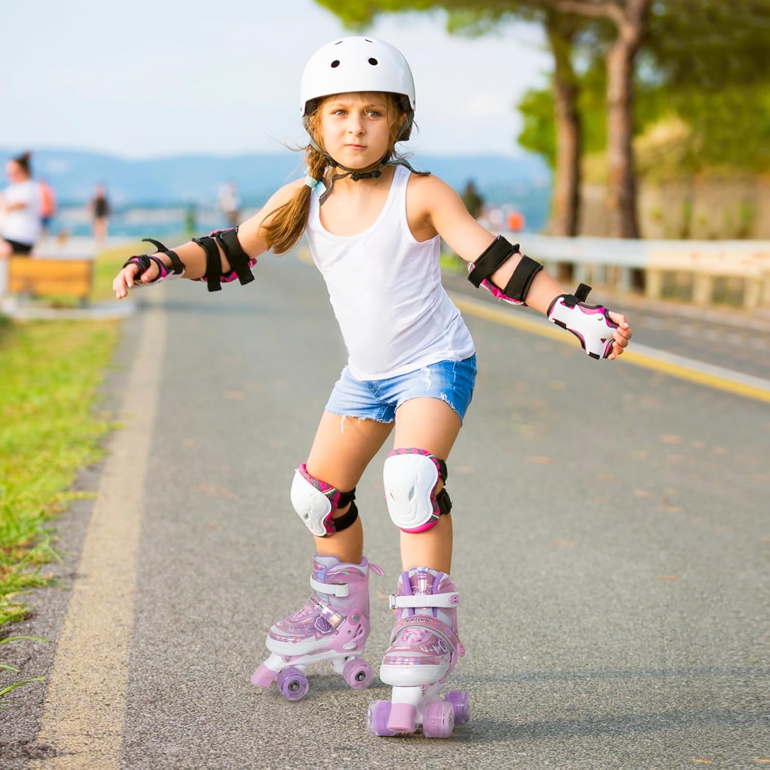 MammyGol Roller Skates for Girls Kids Boys, 4 Sizes Adjustable Quad Toddler Skates Indoor Outdoor Ages 3-8, Pink Blue Purple Green