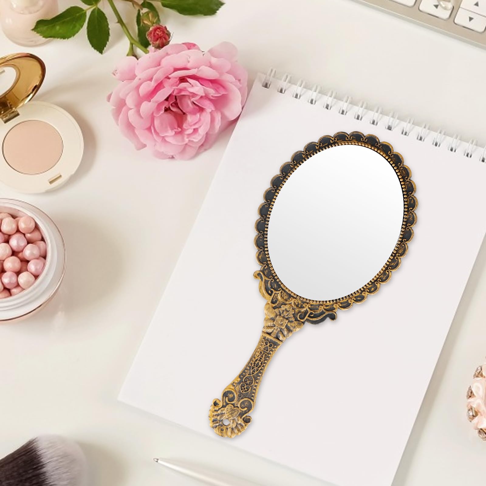 Amexo Specchio Portatile Vintage a Mano, Mini Specchio Ellittico Compatto per Capelli e Trucco, Ragazze e Donne (Bronzo)